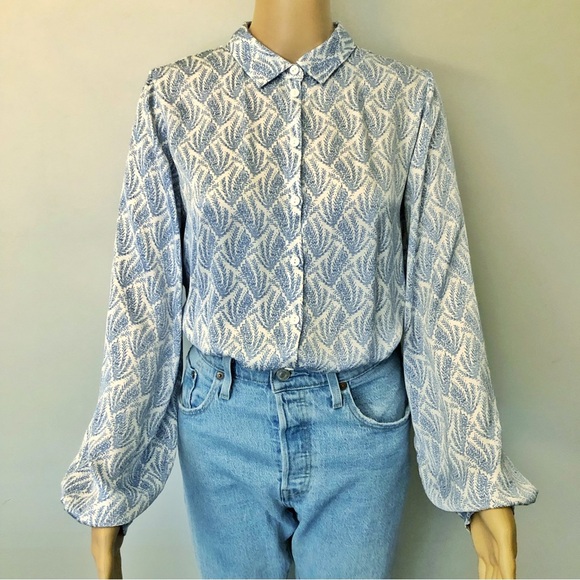 ESQUALO Pattern Silky Pastel Blue Boho Lightweight Button Down Blouse Shirt. - Picture 5 of 15